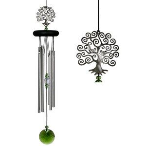 WOODSTOCK CHIMES Silver and Green Crystal Wind Chime with Tree of Life Theme NIB